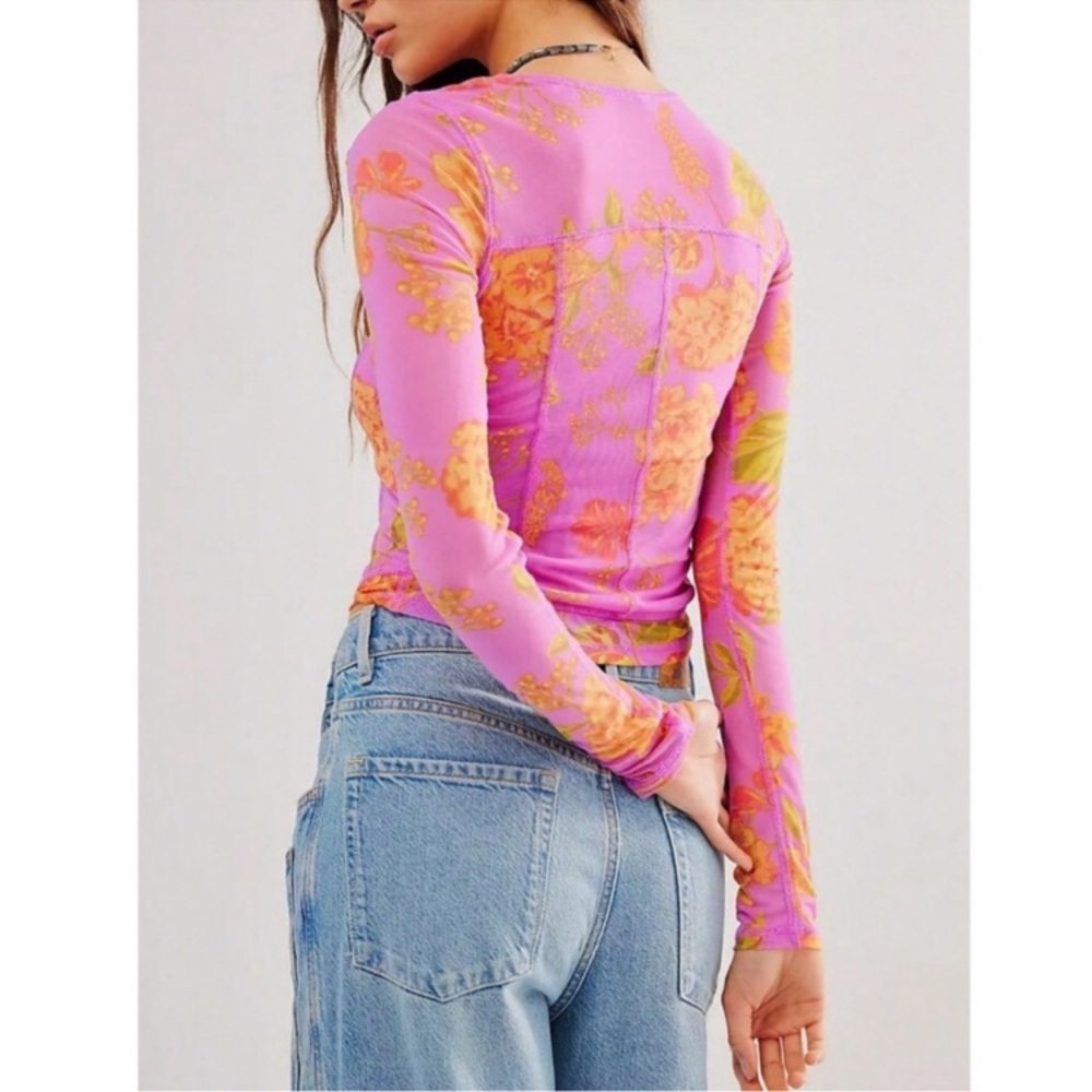 Pink Floral Sheer Mesh Fitted Long Sleeve Tee Shirt - Picture 2 of 5